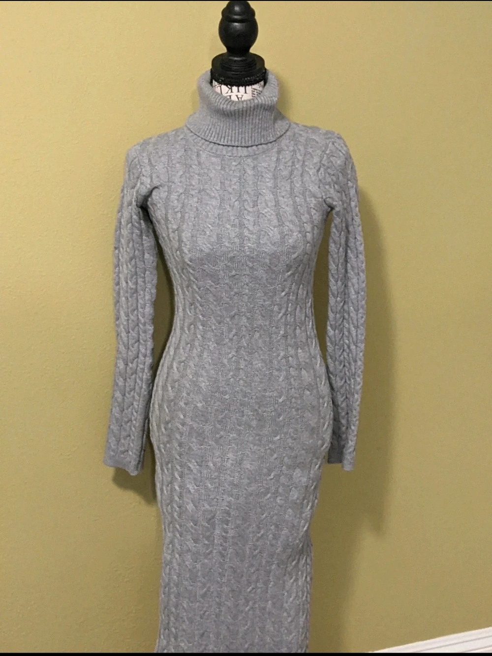 Turtleneck Cable Knit Sweater Dress - Light Gray